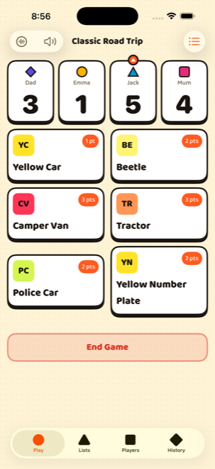 The Spotorama game screen: a scoreboard of players above a grid of spot cards.