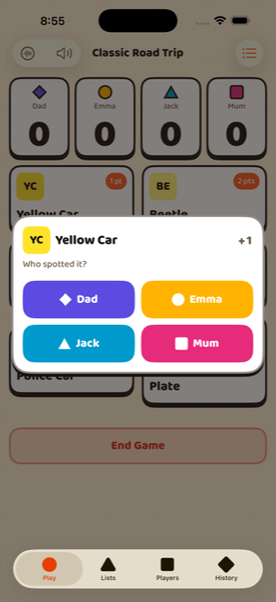After tapping a spot card, the app asks who spotted it.